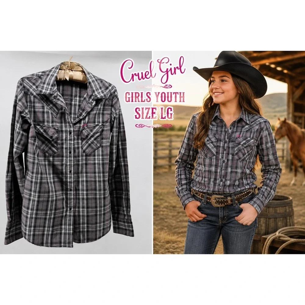 Cruel Girl Plaid Snap Shirt Youth L Gray Black Pink Western Cowgirl Rodeo Y2K